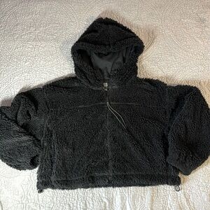 BDG short lightweight teddy style zip up hooded jacket with cinchable bottom.